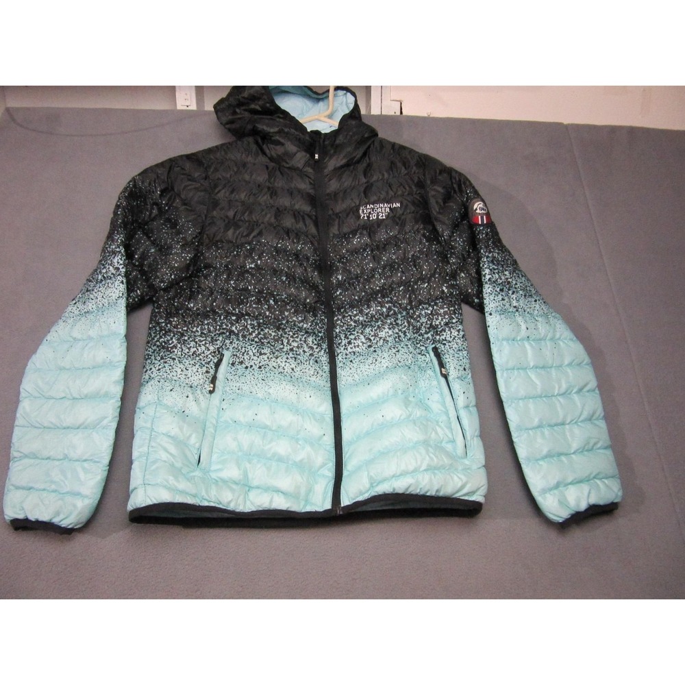 Scandinavian Explorer Jacket Womens Medium Blue Black Down Puffer Hooded Outdoor